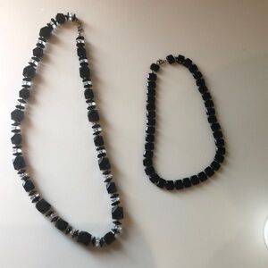 Black and Silver Necklace Set. Short & long. Black bead & crystals